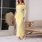 Off Shoulder Mesh Long Sleeve Ruched Waist Asymmetric Drape Maxi Dress
