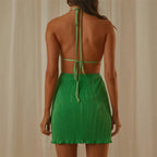 Pleated Halter Deep V-Neck Lace Up Cut Out Waist Mini Dress