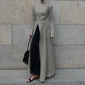 Stand Collar Long Sleeve Front Slit Structured Maxi Dress