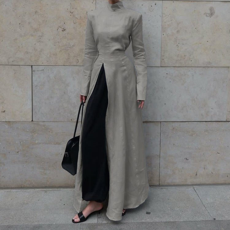 Stand Collar Long Sleeve Front Slit Structured Maxi Dress