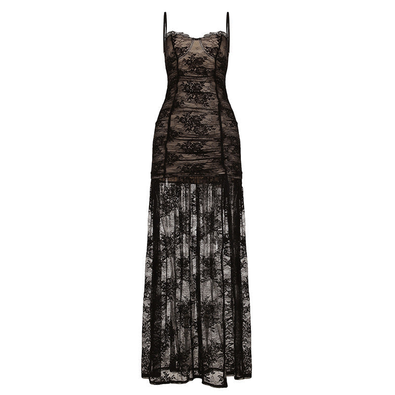Ruched Sweetheart Lace Panel High Slit Maxi Dress