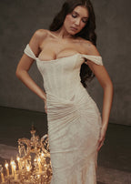 Off Shoulder Corset Bustier Floral Jacquard Ruched Mermaid Maxi Gown