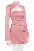 Swan Backless Halter Draped Satin Mini Dress - Pink