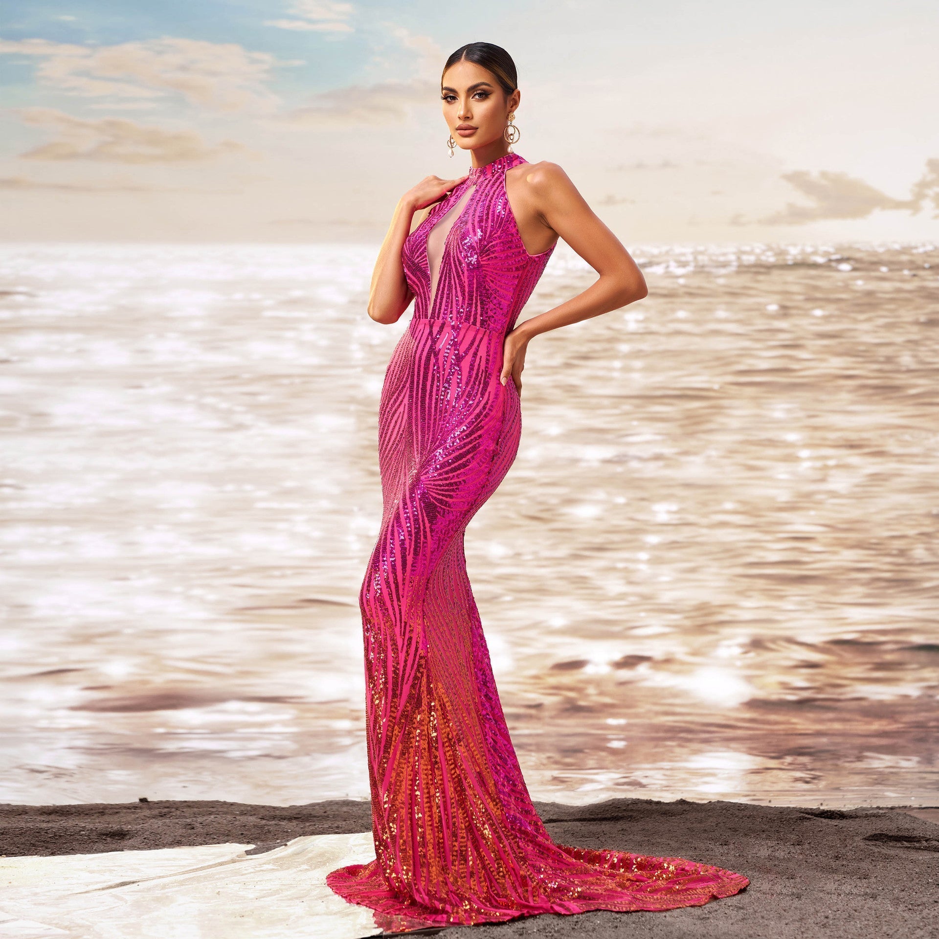 Round Neck Off-Shoulder Slim Fit Hip Sequin Dress