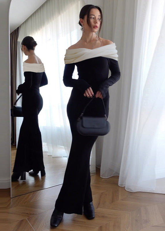 Off Shoulder Fold Over Collar Contrast Long Sleeve Bodycon Maxi Dress