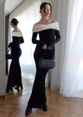 Off Shoulder Fold Over Collar Contrast Long Sleeve Bodycon Maxi Dress