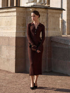 Rib Knit Polo Collar Button Front Contrast Trim Ruffle Cuff Midi Dress