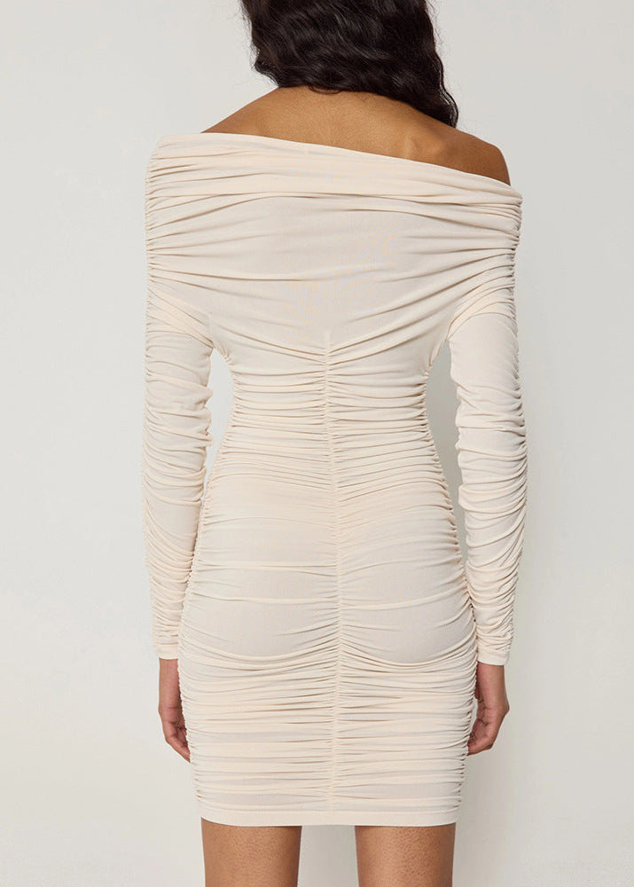Asymmetric One Shoulder Ruched Long Sleeve Bodycon Mini Dress