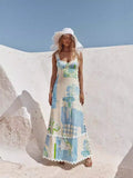 Baroque Column Print Sweetheart Neck Lace Trim Tiered Maxi Dress