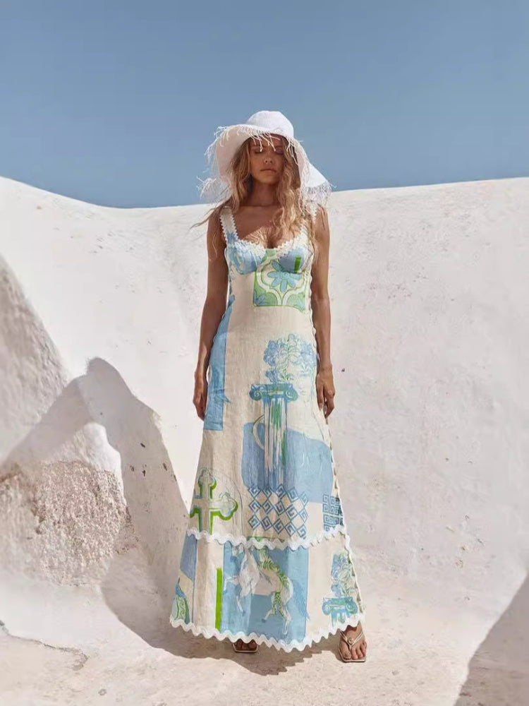 Baroque Column Print Sweetheart Neck Lace Trim Tiered Maxi Dress