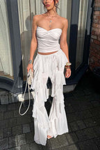 Fashionable Ruffled Elastic Waist Holiday Style Flared Pants