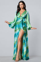 Selare Printed Bubble Sleeve Split Maxi Dress