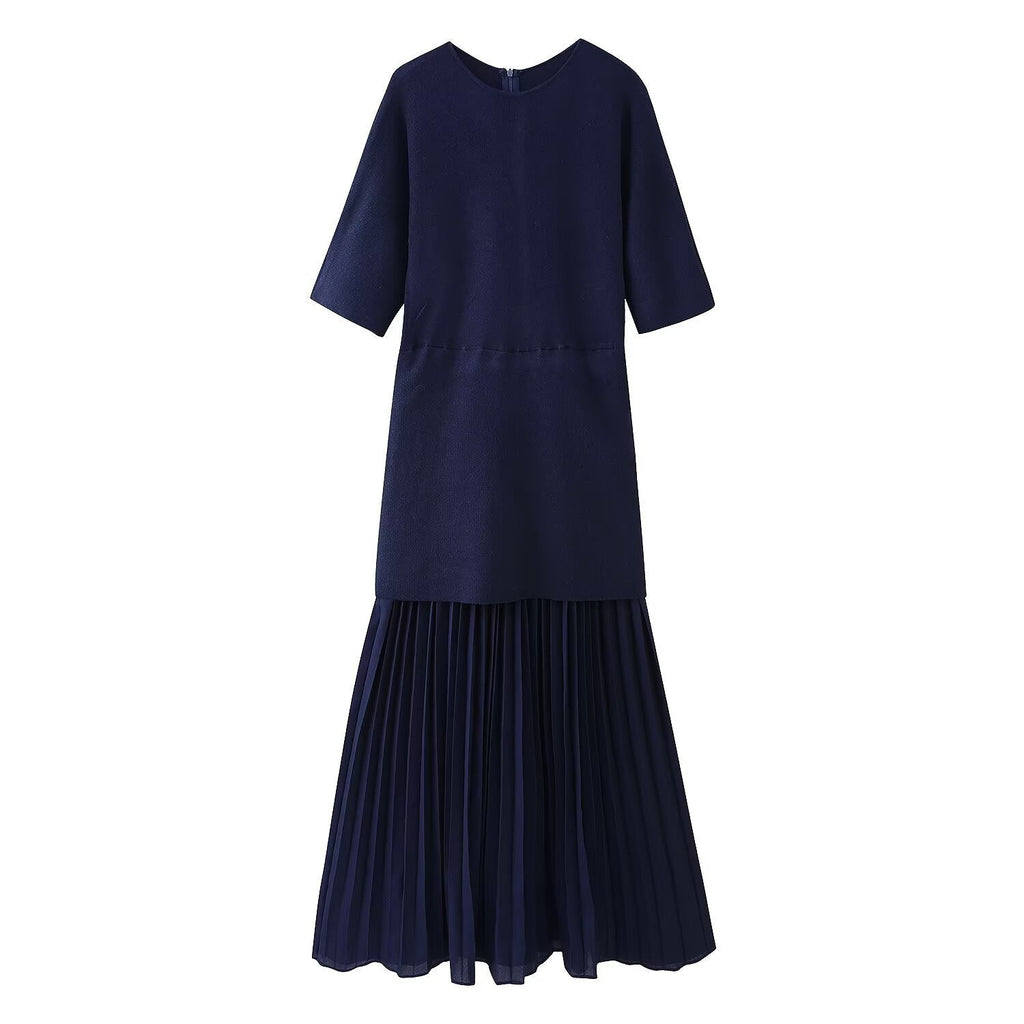 Dolman Sleeve Knit Bodice Pleated Midi Dress