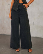 Button Sleeveless Vest Wide-Leg Jeans Set