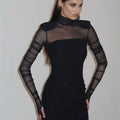 Mesh Mock Neck Long Sleeve Ruched Padded Shoulder Bodycon Maxi Dress