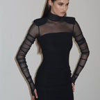Mesh Mock Neck Long Sleeve Ruched Padded Shoulder Bodycon Maxi Dress