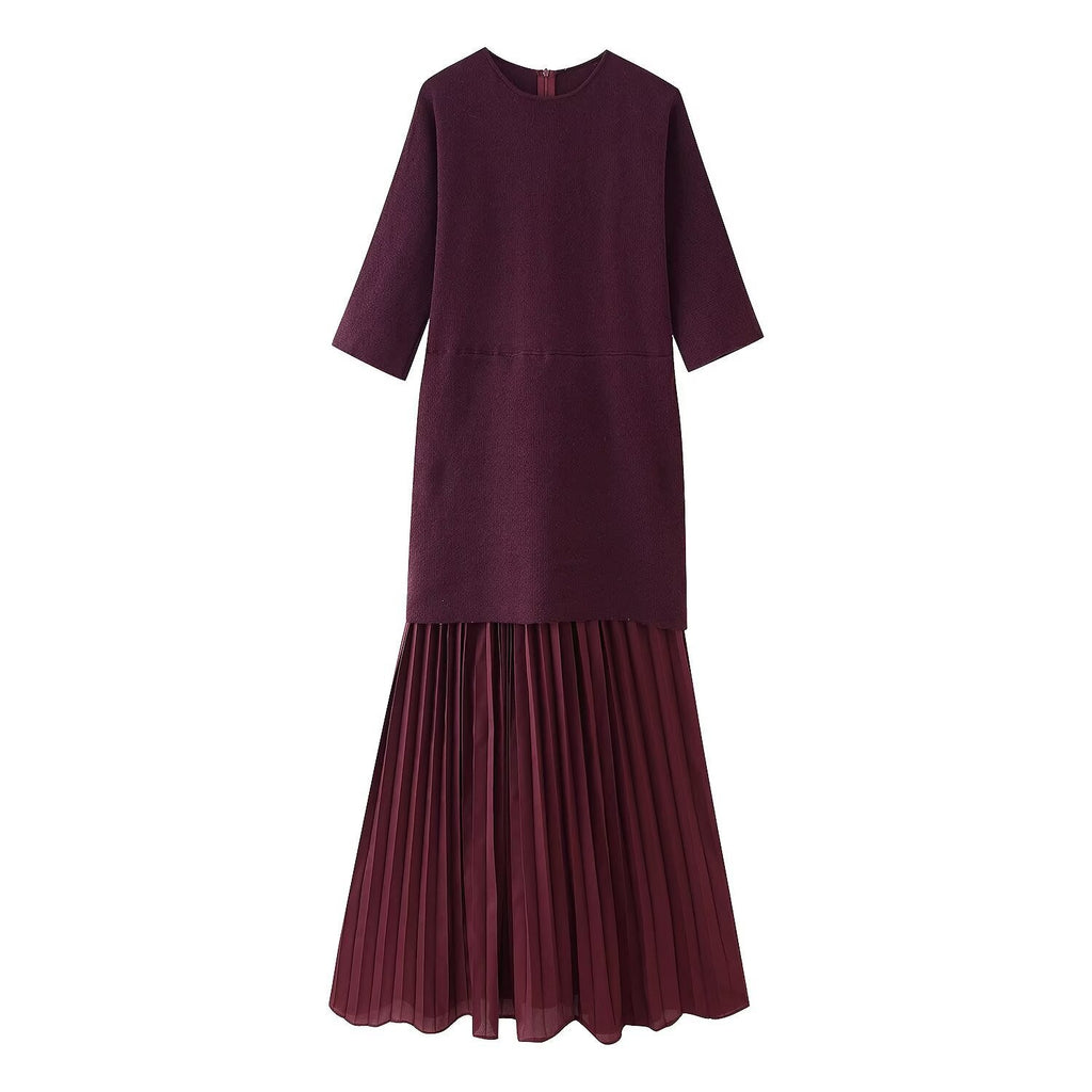 Dolman Sleeve Knit Bodice Pleated Midi Dress