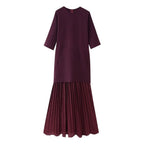 Dolman Sleeve Knit Bodice Pleated Midi Dress