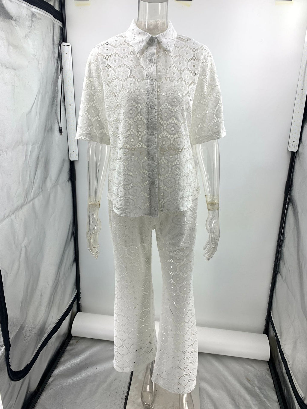 Holiday Crochet Flowers Lace Short Sleeve Shirt and Elastic Waist Wide Leg Pants Set