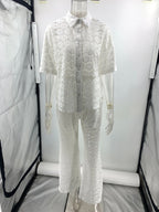 Holiday Crochet Flowers Lace Short Sleeve Shirt and Elastic Waist Wide Leg Pants Set