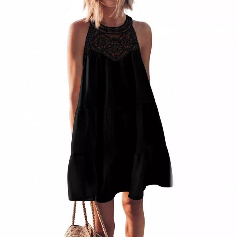Crochet Lace Yoke Halter Neck Tiered A-Line Mini Dress