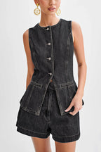 Abel Denim Button Up Princess Seams Pocket Vest Top