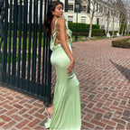 Satin Cowl Neck Spaghetti Strap Ruffle Strap Backless Maxi Dress