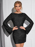 Glitter Long Sleeve Bell Cuff Bodycon Mini Dress