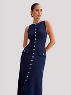 Ribbed Knit Button Front Contrast Trim Sleeveless Midi Dress