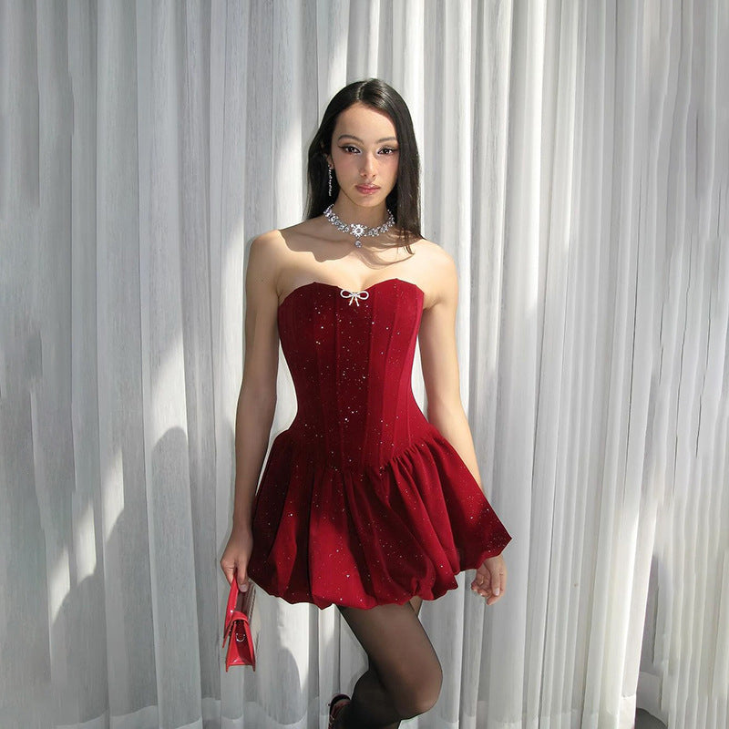 Velvet Glitter Strapless Corset Bubble Hem Mini Dress