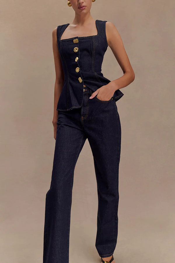 Stassi Denim High Waist Pocketed Straight Leg Jeans