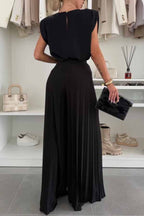Fashionable Round Neck Shoulder Pads Top and Elastic Waist Pleated Wide-leg Pants Set