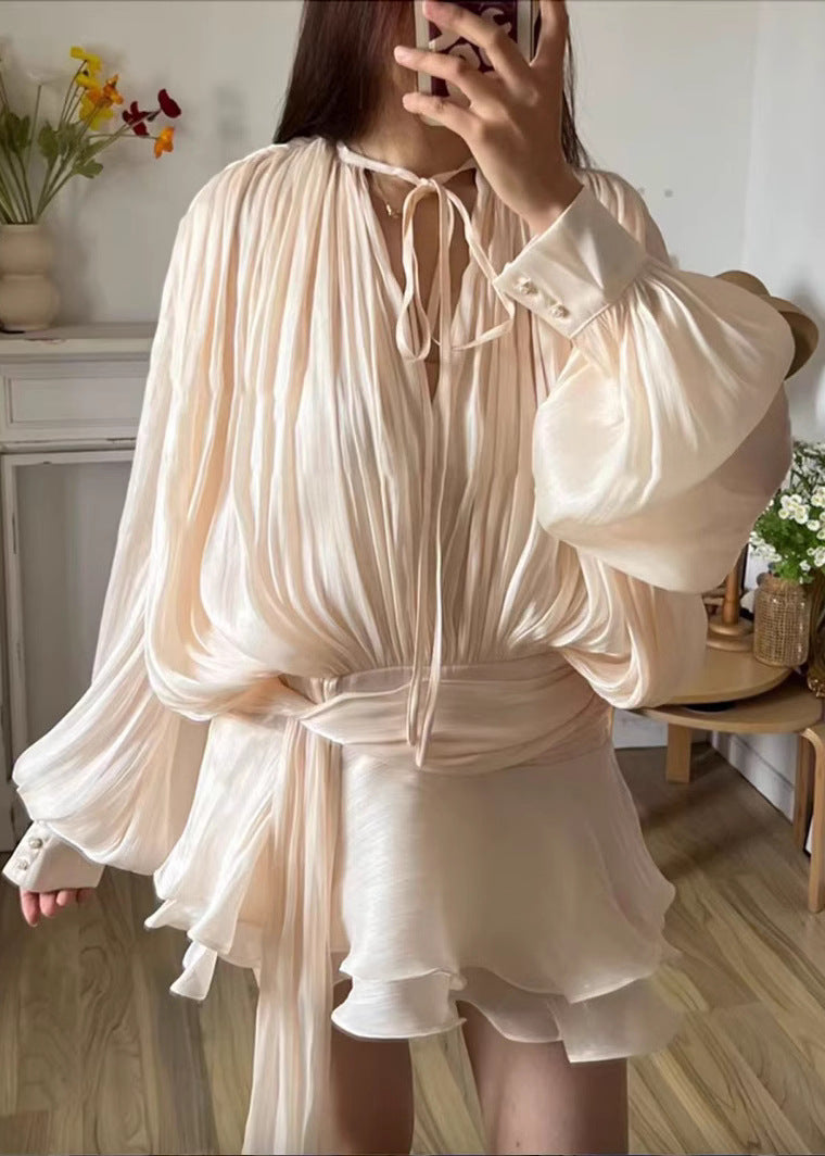 Plisse Tie Neck Bishop Sleeve Waist Sash Tiered Ruffle Mini Dress