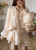 Plisse Tie Neck Bishop Sleeve Waist Sash Tiered Ruffle Mini Dress