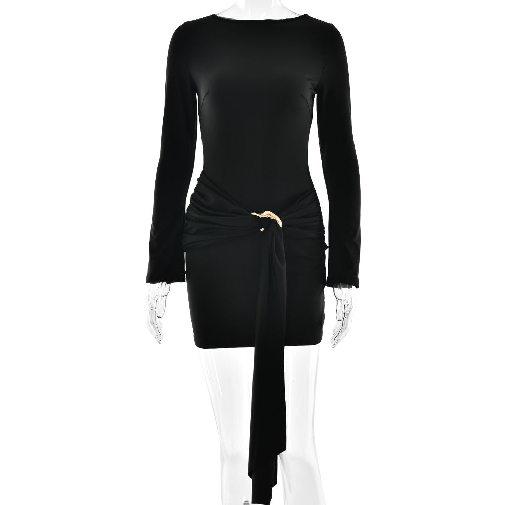Boat Neck Ruched Side Buckle Sash Bell Sleeve Bodycon Mini Dress