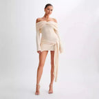Sidony - Waist Knot Off-Shoulder Knitted Mini Dress