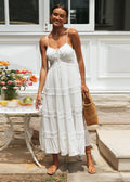 Spaghetti Strap Sweetheart Tie Front Lace Inset Tiered Trim Maxi Dress