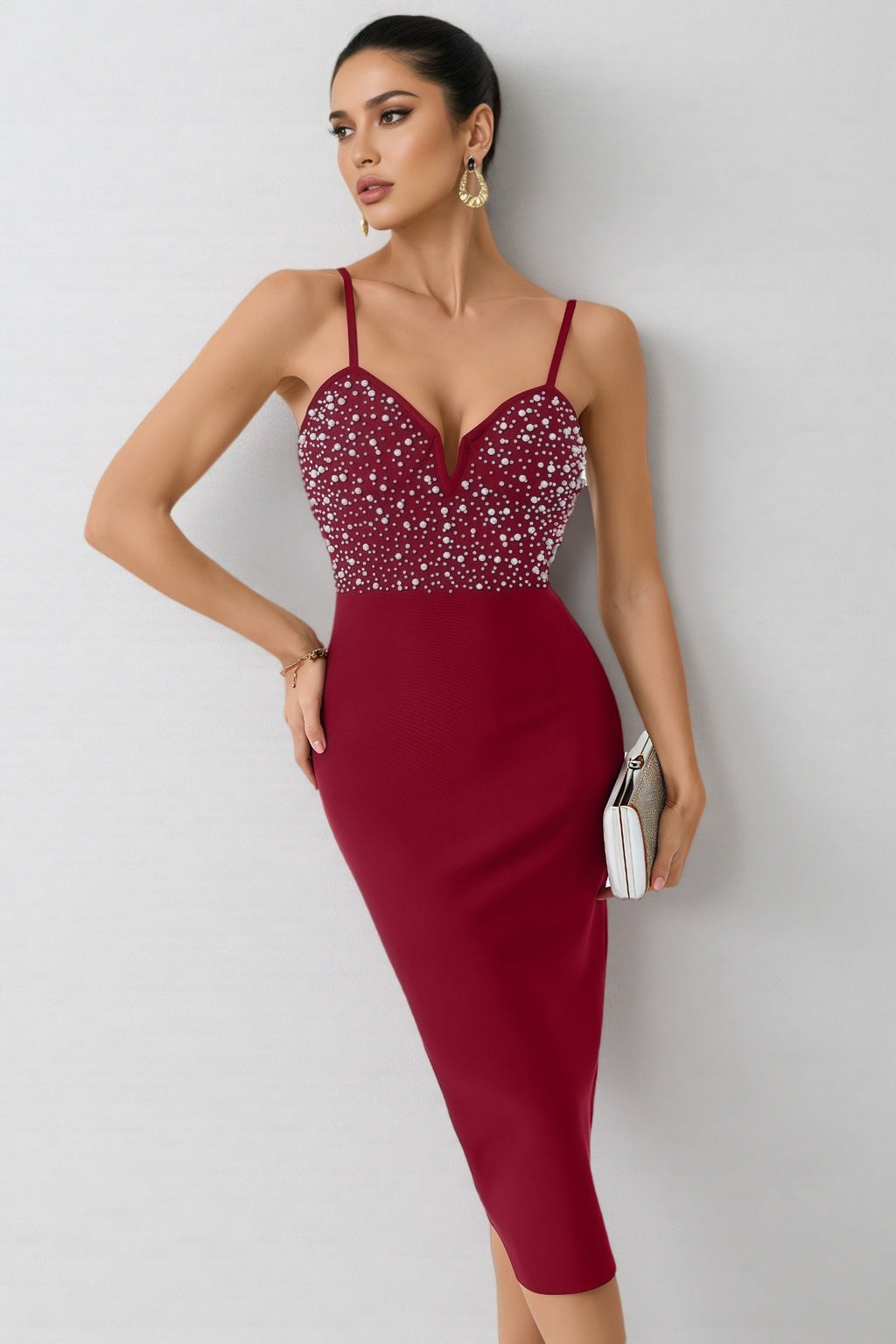 Slaia Red Studded Bandage Midi Dress