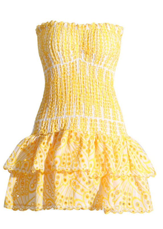 Strapless Sweetheart Smocked Tiered Ruffle Eyelet Lace Mini Dress