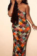 Little Mermaid Colorful Scales Print Halter Maxi Dress