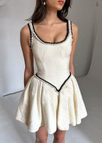 Boucle Tweed Scoop Neck Braided Trim Basque Waist Flared Mini Dress