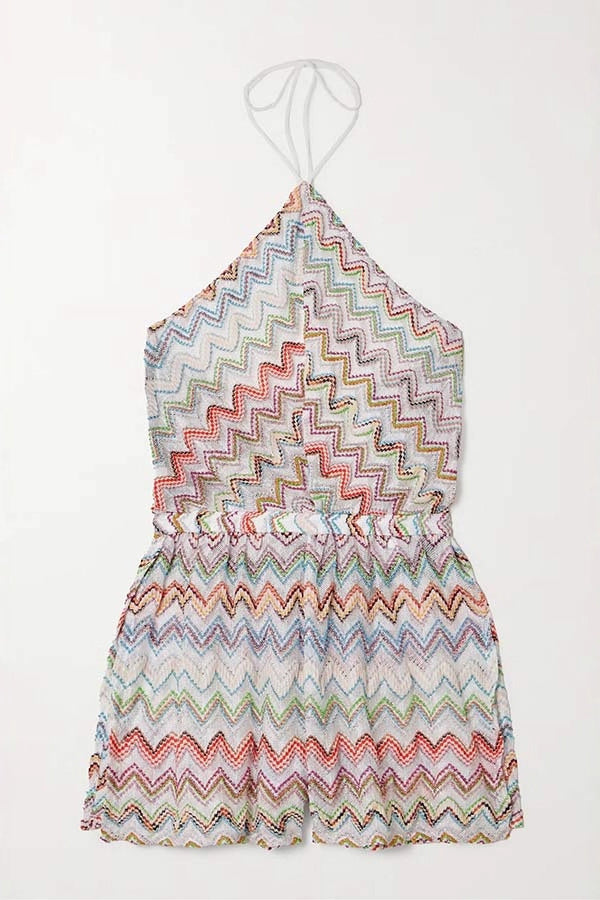 Juney Knit Colorful Zigzag Pattern Halter Neck Slit Wide Leg Loose Romper