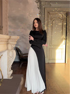 High Neck Long Sleeve Color Block Diagonal Pleated Maxi Dress