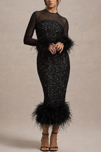 Glamor and Drama Mesh Sequin Patchwork Feather Trim Stretch Midi Dress