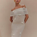 Off Shoulder Rosette Applique Ribbed Plisse Column Maxi Dress