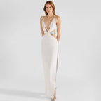 Rhinestone Strap Deep V-Neck Waist Cut Out High Split Bandage Maxi Dress