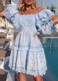 Off Shoulder Eyelet Puff Sleeve Smocked Waist Tiered Lace Mini Dress