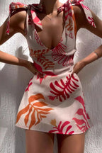 Tie Shoulder Deep V-Neck Tropical Leaf Print Bodycon Mini Dress
