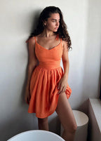 Tie Shoulder Spaghetti Strap Pleated A Line Side Slit Mini Dress