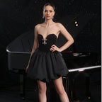 Strapless Sweetheart Cut Out Bubble Hem Satin Cocktail Mini Dress